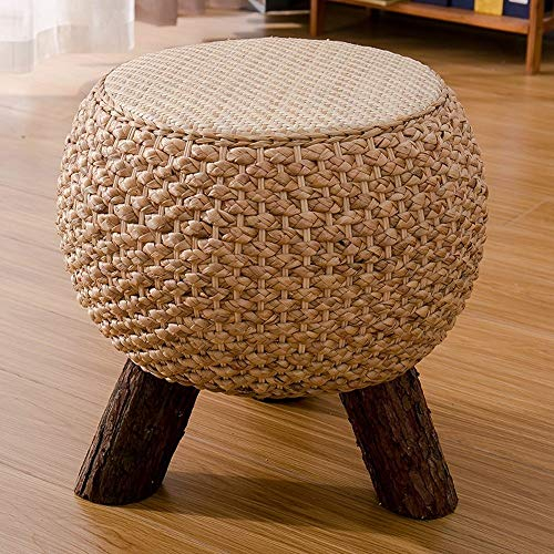 Handgewebte Fußstütze, Tritthocker, Holz, niedrige Hocker mit 3 Holzbeinen, Schuhbank für Zuhause, Wohnzimmer, Schlafzimmer, Rattan-Fußhocker Pouf
