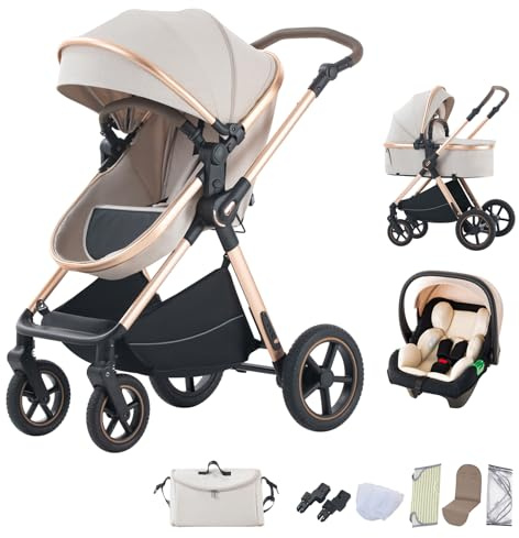 BEBBY Cochecito de bebé 3 en 1,Carrito Bebe 3 en 1 Con Asiento, Cochecitos Portátil Plegable Con, Carricoche Combinado Paisaje Alto Marco de Aluminio Para Recién Nacido (D2-RICEWHITE, H2-D)