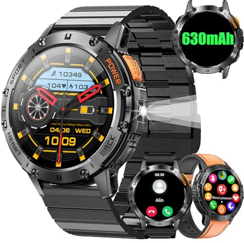 BKOHJAJI Orologio Smartwatch Uomo 630mAH Batteria,1.43 AMOLED Smartwatch Uomo Con Torcia LED/Contapassi/123+ Sport/Impermeabile 5ATM/Sonno Cardiofrequenzimetro Smart Watch SpO2 per Android iOS