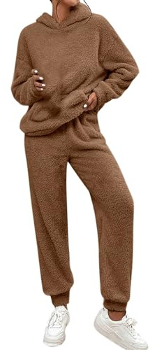 IQYU Damen Freizeitanzug Teddy Hausanzug Jogginganzug Fleece Schlafanzug Zweiteiler Damen Hoodie Sportanzug Pullover Schlafanzughose Pyjama Set Langarmshirt Mit Kapuze Schlafhose Schlafanzüge