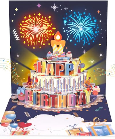 GlasFlength Biglietto Auguri Compleanno con Musicale e Luce, Biglietti Auguri Compleanno Biglietto di Auguri Pop-up 3D con Candela Soffiabile Regalo di Compleanno Divertente per Donne Uomini Bambini