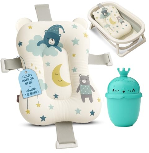 BABYBEBLOO Cuscino per Vasca da Bagno Neonato con Brocca – Riduttore Vaschetta Bagnetto – Supporto Morbido Universale – Materassino Antiscivolo per Neonati Bambino (Bianco Blu)