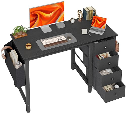 BEXEVUE Desk with 4 Drawers, 100cm Comuputer Desk with Fabric Storage Drawers, Small Reversible Home Office Writing Table for Small Spaces, Black