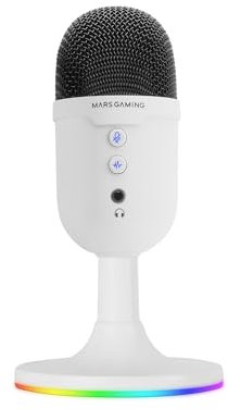Mars Gaming MMIC-CX, Microphone de Studio Professionnel, Design Compact ARGB, Haute Définition, Réduction Bruit ENC, Condensateur Cardioïde, Bouton Mute, USB Plug&Play,Jack 3.5mm, Blanc