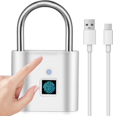 Lås med fingeravtryck: USB-laddning fingeravtryck lås, nyckellås hänglås IP54 vattentät hänglås fingeravtryck, för kontor gym bagage trädgård skåp (silver)