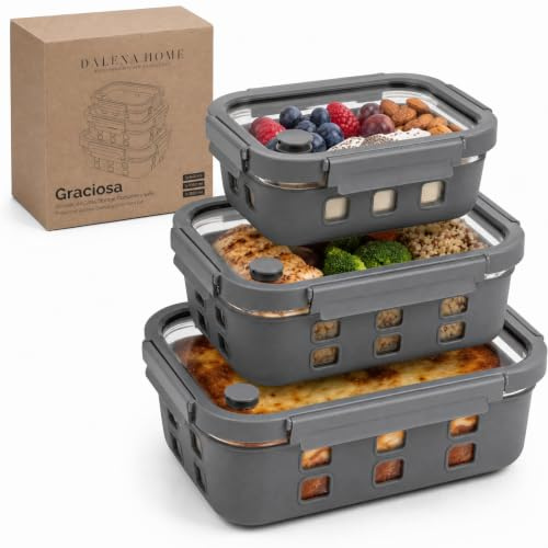 Dalena Home Fiambreras de Cristal Borosilicato – Set Meal Prep 640, 1020 y 1520 Mililitros, Recipientes Herméticos Apilables, Aptos para Microondas con Válvula de Vapor, Funda Silicona Anti-Impacto