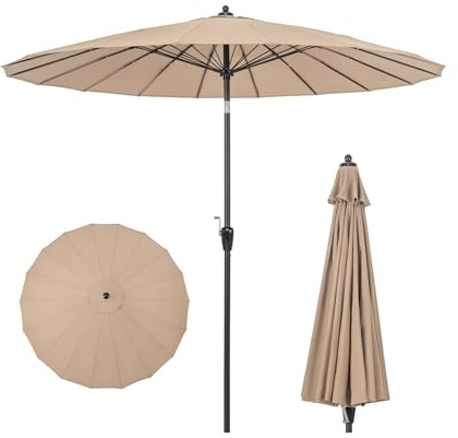 GOPLUS Parasol de Jardin Extérieur avec 18 Baleines en Fibre de Verre, 265cm Grand Parasol Inclinable 30° en Aluminium avec Manivelle, Toile Résistante, pour Balcon Terrasse Patio (Marron)