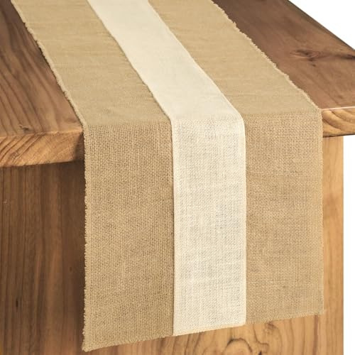 YCOLL Natur Jute Weihnachtstischläufer mit Weißem Mittelstreifen,Tischläufer Weihnachten Läufer für Weihnachtsdeko Innen,Esstisch, Veranstaltungen, Küche & Urlaubsdeko 30x300 cm