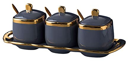Sucrier, boîte à condiments, sucrier Phnom Penh avec couvercle et cuillère, lot de 3 sucriers, pots à épices, salière, boîte à condiments, boîtes à café et sucre en céramique colorée - Rouge - lot de