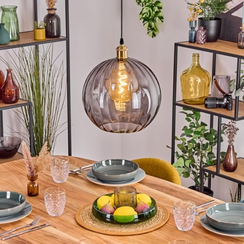 HOFSTEIN Hängeleuchte Koyoto, 1-flammige Hängelampe aus Metall/Riffelglas in Gold-/Rauchfarben, moderne Pendelleuchte im Retro/Vintage-Design (Schirm 30 cm), E27, Esszimmer, Küche, Wohnzimmer, Flur