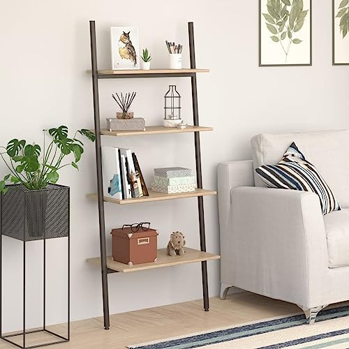 Holamys Modernes Leiterregal mit 4 Ablagen, Hellbraun & Schwarz, 64x34x150,5 cm, stabiles Anlehnregal für Bücher, Pflanzen & Deko, vielseitige Aufbewahrungslösung