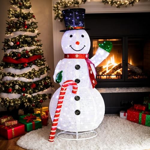 Bonnlo 5.7ft/170cm Lighted Snowman Christmas Decorations, Pre-Lit Outdoor Pull Up Snowman with 240 White LEDs & Candy Cane, Foldable Xmas Decoration for Yard Garden Patio Home Decor