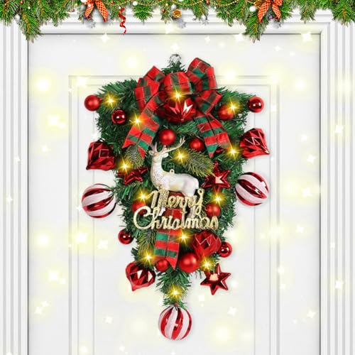 Türkranz Weihnachten, 50cm Weihnachtsdeko Tür Mit Led, Batteriebetrieben, Langlebige Und Wiederverwendbare Weihnachtskranz Haustür, Adventskranz Künstlich Weihnachtskranz Mit Beleuchtung (B)