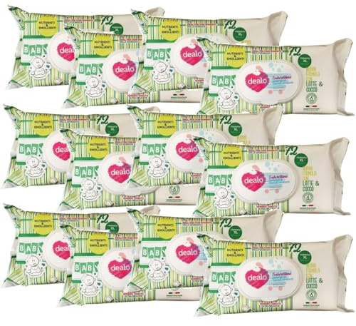 12 X Dea-lo Salviettine Baby Latte e Cocco 72 pz delicate salviette detergenti studiate per la cura quotidiana della pelle dei più piccoli