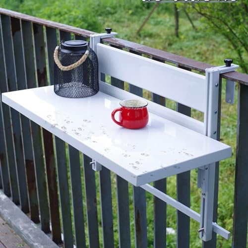 Balkontisch aus Aluminium, höhenverstellbar, multifunktional, zur Wandmontage, 60 x 30 cm, ideal für Tee-Entspannung und platzsparende Lösungen, Weiß