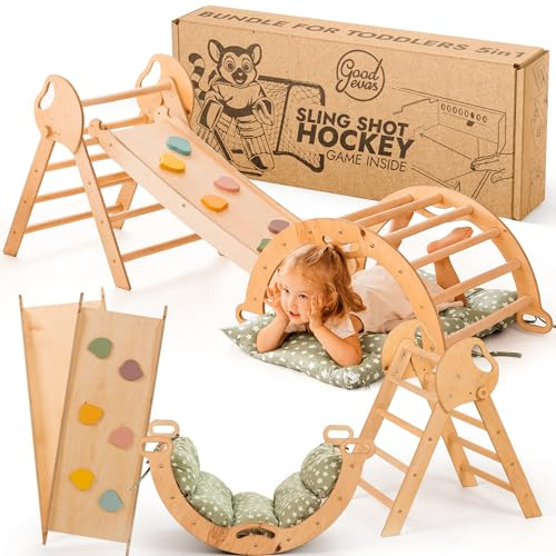 Goodevas Montessori Kit d'escalade 5 en 1 : triangle d'escalade d'intérieur, arche d'escalade avec coussins et toboggan pour enfants, aire de jeux d'intérieur de 1 à 3 ans
