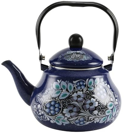 Wansiman Wasserkessel Emaille Blau,Vintage Emaille Teekessel,Emaille-Teekessel Mit Blumenmuster,Teekanne Aus Dickwandigem Emaille,Mit Komfortablem Griff,FüR Tee Kaffee Und HeißE GeträNke