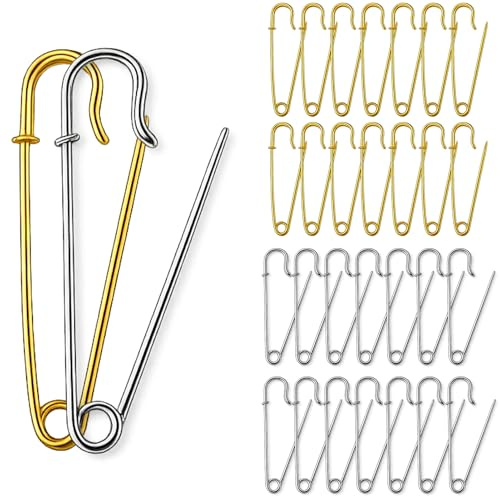 30 Stück Große Sicherheitsnadeln 70mm, 15 Silber und 15 Gold, Extra Große Metall-Sicherheitsnadeln für Leder, Leinwand, Handwerk, Dekoration, Saum, für Bastel- und Nähprojekte