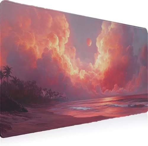 Tapis de Souris, Tapis Souris XXL 800 x 300 Gamer Mousepad, Rubber Base en Imperméable, Grand Bureau Gaming Mouse Pad Bords Cousus Imperméable Antidérapant pour Bureau Les Nuages La Plage W0G1-1035