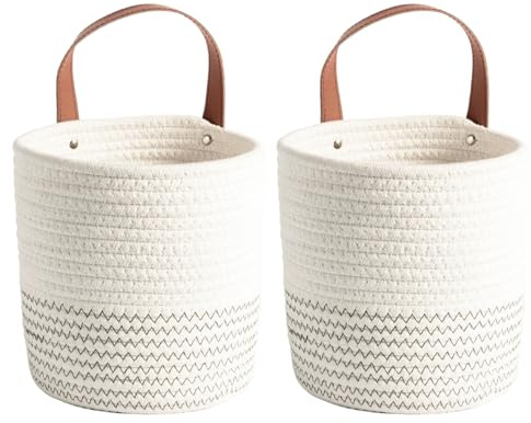 Uanqfegy Hängande väggkorg 2 st, bomullsrepkorg med PU-handtag slitstark förvaring för sovrum kök badrum/16 x 18 cm