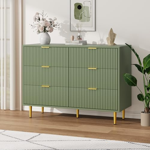 Kommode mit 6 Schubladen 100 x 40 x 75 cm, Kommodenschrank Sideboard, MDF Wellenfront, Gold Griffe& Beine, Rollschienen, Kippschutz, Modern Schubladenschrank für Wohnzimmer Schlafzimmer, Avocadogrün