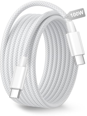 3m USB-C till USB-C-kabel 100W PD-snabbladdning, vit nylonflätad | USB-C laddkabel kompatibel med iPhone 17/16/15, Galaxy S26/S25, iPad Pro/Air, Pixel, Switch m.fl.