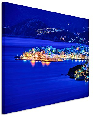 Paul Sinus Art XXL Fotoleinwand 120x80cm Landschaftsfotografie – Agios Nikolaos bei Nacht, Kreta, Griechenland auf Leinwand exklusives Wandbild moderne Fotografie für ihre Wand in vielen Größen