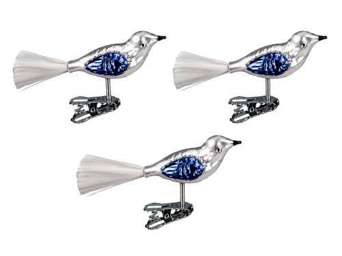 Glas Vogel Set 3 Stück Silber/Blau H Christbaumschmuck mundgelasen Lauscha