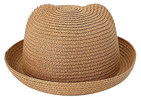 Kids Anti-UV Straw Sun Hat Cat Ear Summer Cap for Girl Boys Bucket Hat (Khaki)