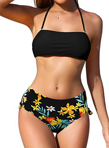 SHEKINI Costume da Bagno Donna Due Pezzi Imbottito Halter Regolabile Bandeau Bikini Top Costumi Due Pezzi Donna Vita Alta Controllo Addominale Bikini Fondo(S, Nero Y)