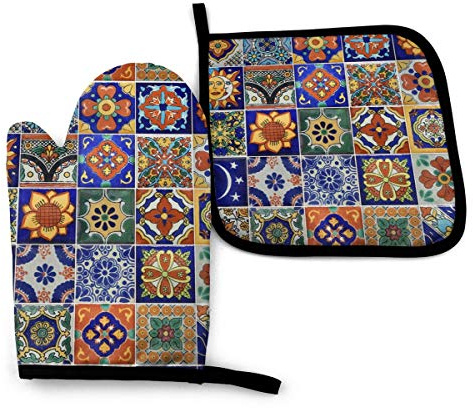 Talavera Mexican Tiles Heat Resistant Oven Mitts and Pot Holders Set for Kitchen-Soft Cotton Lining with Non-Slip Surface for Safe BBQ Cooking Baking Grilling,Machine Washable