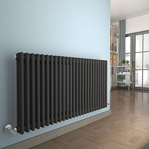 Warmehaus Traditional Anthracite 2 Column Horizontal Radiator 615x1190mm | Victorian Radiator, Radiators Wall Mounted Central Heating, Designer Double Column Radiator, Bathroom Kitchen, Grey Radiator