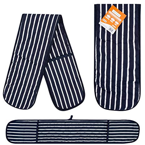 RASH Accessories Double Oven Gloves Butcher Quilted Stripe Pot Holder Heat Resistant Mitt 100% Cotton (Navy)