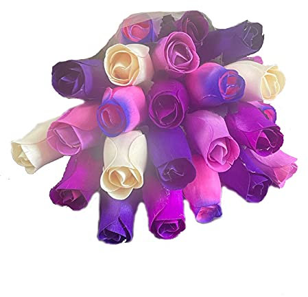 Homestreet Bouquet de fleurs éternelles, 2 douzaines de roses en bois dans un choix de couleurs vives, 24 bourgeons de roses dans un cellophane, cadeau floral instantané (améthyste)