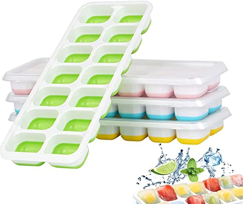 Boolavard Ice Cube Trays 4 Pack, Easy-Release Silicone & Flexible 14-Ice Cube Trays with Spill-Resistant Removable Lid, Stackable Ice Trays with Covers
