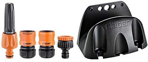 Claber 51359 Set Lance Diritte con Raccordi, 1/2 Pollici, Nero/Arancione & Selletta Eco 0 Avvolgitubo a Parete Staffa