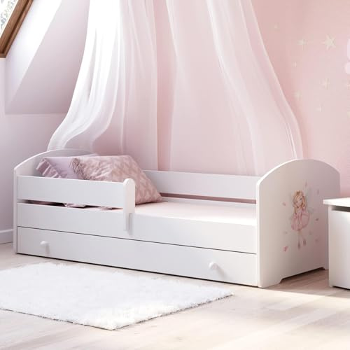 Kids Collective Kinderbett 70x140 / 80x160 Komplett Set inkl. Matratze, Lattenrost, Schublade & Rausfallschutz | Einzelbett für Kinder von 2 – 10 Jahren | 80x160 cm | weiß mit Prinzessin Motiv