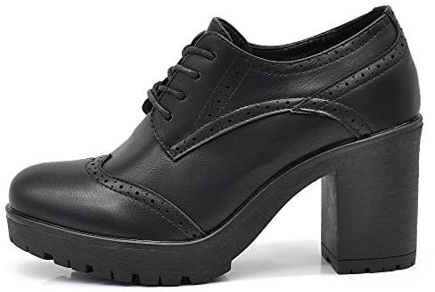IF Fashion Scarpe da Donna Stringate Francesine Ricamo Tacco Grosso Pelle Sintetica IF146 Nero 39