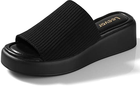 Leevar Plateausandalen für Damen, weiche, mit Memory-Schaumstoff und Absatz, vorne offen, eckige Pantoletten, Hautfarbe, klar, weiß, schwarz, flache, sommerliche Keilabsatz-Sandalen, Schwarzes Gewebe,