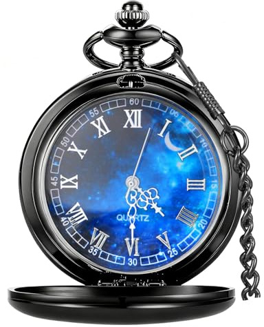 Tiong Orologio da tasca vintage in acciaio liscio, numeri romani, design stellato, orologio da tasca al quarzo, con catena, per uomo e donna, 19-nero, Classico