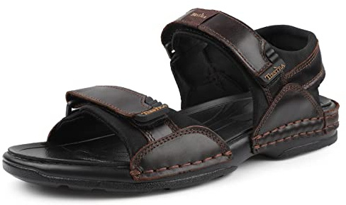 TIESTRA Sandalen Herren Leder Outdoor Sport Wandersandalen mit Fußbett, Sommer Trekkingsandalen Strand Ledersandalen Männer Klettverschluss Dunkelbraun 45EU