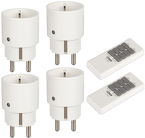Steckdose mit Fernbedienung 2300W, 4er Funksteckdosen mit 2er Fernbedienung, 12 Kanal Programmierbar Funksteckdosen Set Reichweite 70m, Funkschalt Set Selbstlern-Funktion für Haushaltsgeräte, Weiß