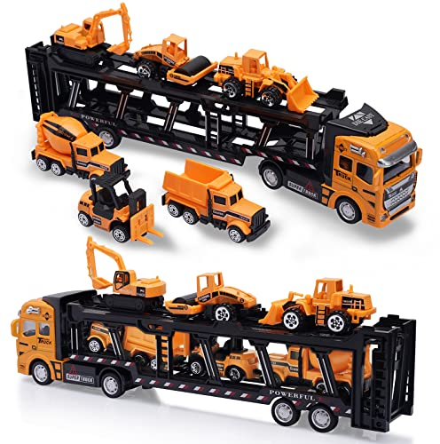 VBACALA Auto Trasportatore Giocattolo 7 Pezzi Set-Mini Cantiere Veicoli Camion, Diecast Tirare Indietro Auto in Metallo, Escavatore Giocattolo per Bambini 3+ Anni,Giocattoli Educativi