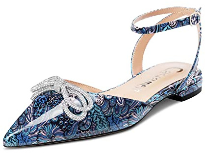 Castamere Mujer Bajos Heel Puntiaguada Punta Correa Tobillo Zapatos Planos Pumps Diamante Cristal Baile Fiesta 1 CM Heels Azul Multicolor 35 EU