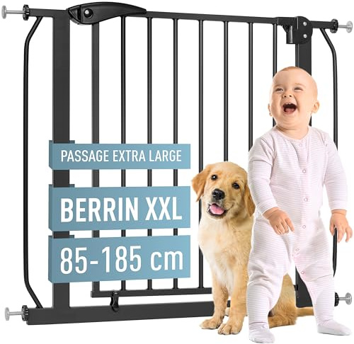 ib style Barrière de Sécurité Berrin XXL 85-185 - Passage Extra-Large, Installation Facile sans Perçage, Portes et Escaliers, pour Enfants 6 a 24 Mois, 175-185 cm, Noir