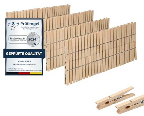 VonBueren 200x Wäscheklammern Holz, Holzwäscheklammern, Holzklammern groß | Holz Wäscheklammern Holzwäscheklammern aus Birkenholz plastikfrei Wäscheklammer Holz unbehandelt Adventskalender und Basteln
