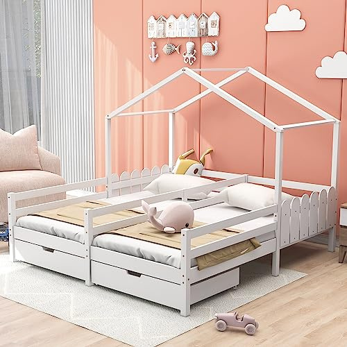 Dolamaní Hausbett 90x200cm mit rausfallschutz, Doppelbett, Kinderbett mit 2 Schubladen, Schubladen auf Rollen, Lattenrost aus Kiefer, weiß