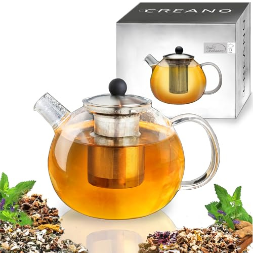 Creano Teekanne mit Siebeinsatz aus Glas 1,6l - Glasteekanne mit Edelstahl-Sieb und Deckel - Ideal zur Zubereitung von Losen Tees - tropffrei