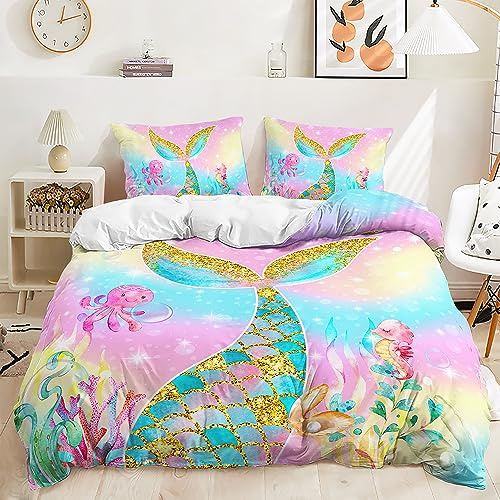 HAVOP Mermaid Duvet Cover Set Double Size Girls Bedding Set Pink Sparkle Tail Quilt Cover Set Soft Microfiber Comforter Cover Set With Pillowcases Kids Girls Bedding Set