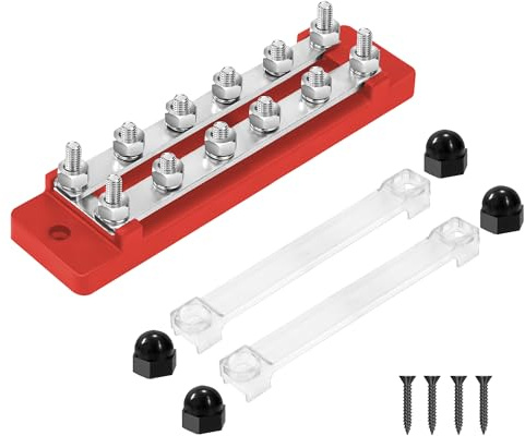 QIMEI-SHOP Blocco di Distribuzione dell'alimentazione 12V-48V DC Busbar 150A Morsettiera di Alimentazione 2 Vie con 12 x M6 Terminale a Bolts per Auto Barca Rosso